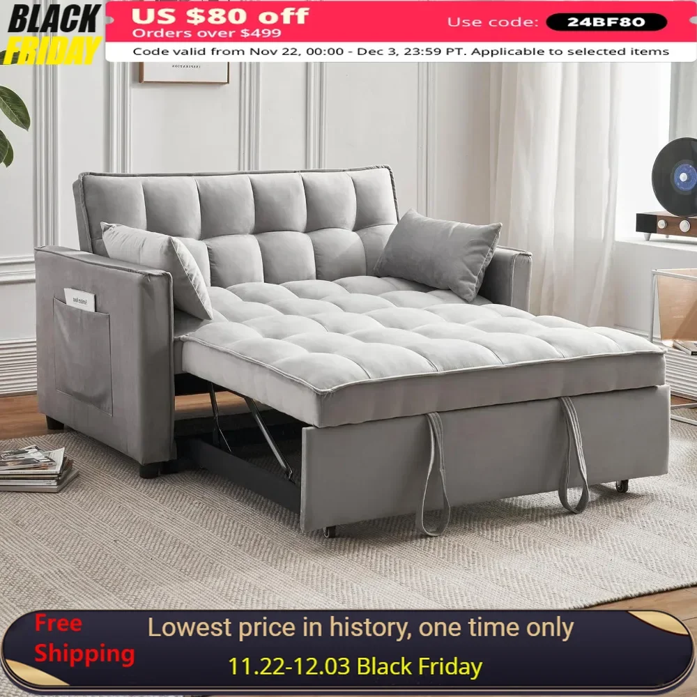 Sofa Bed, Modern Velvet Sleeper Sofa Couch Bed, Pull Out Couch Bed with Adjustable Backrest Sofa Bed Furniture Living Room