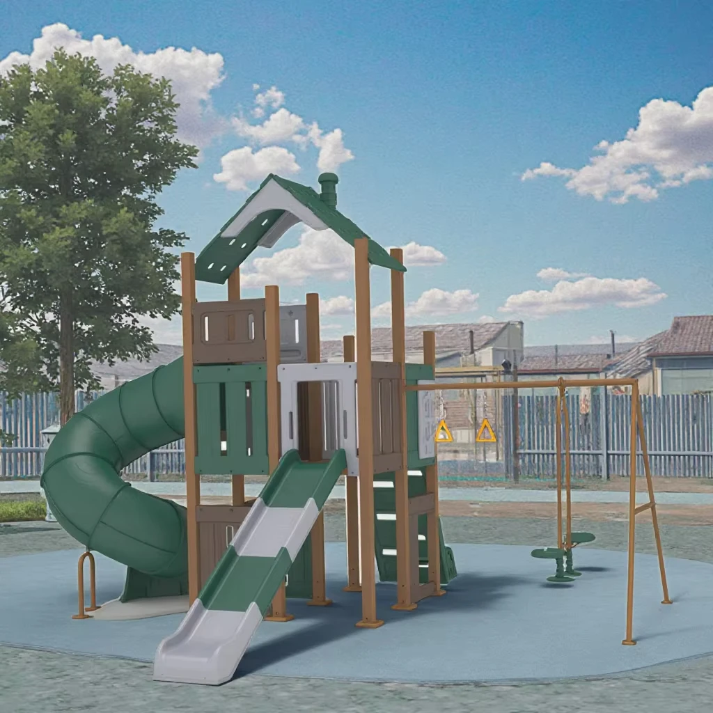 Parque infantil al aire libre para niños, casa de juegos con tobogán de tubo oscilante para el hogar, parque de aventuras o jardín de infantes del parque de atracciones