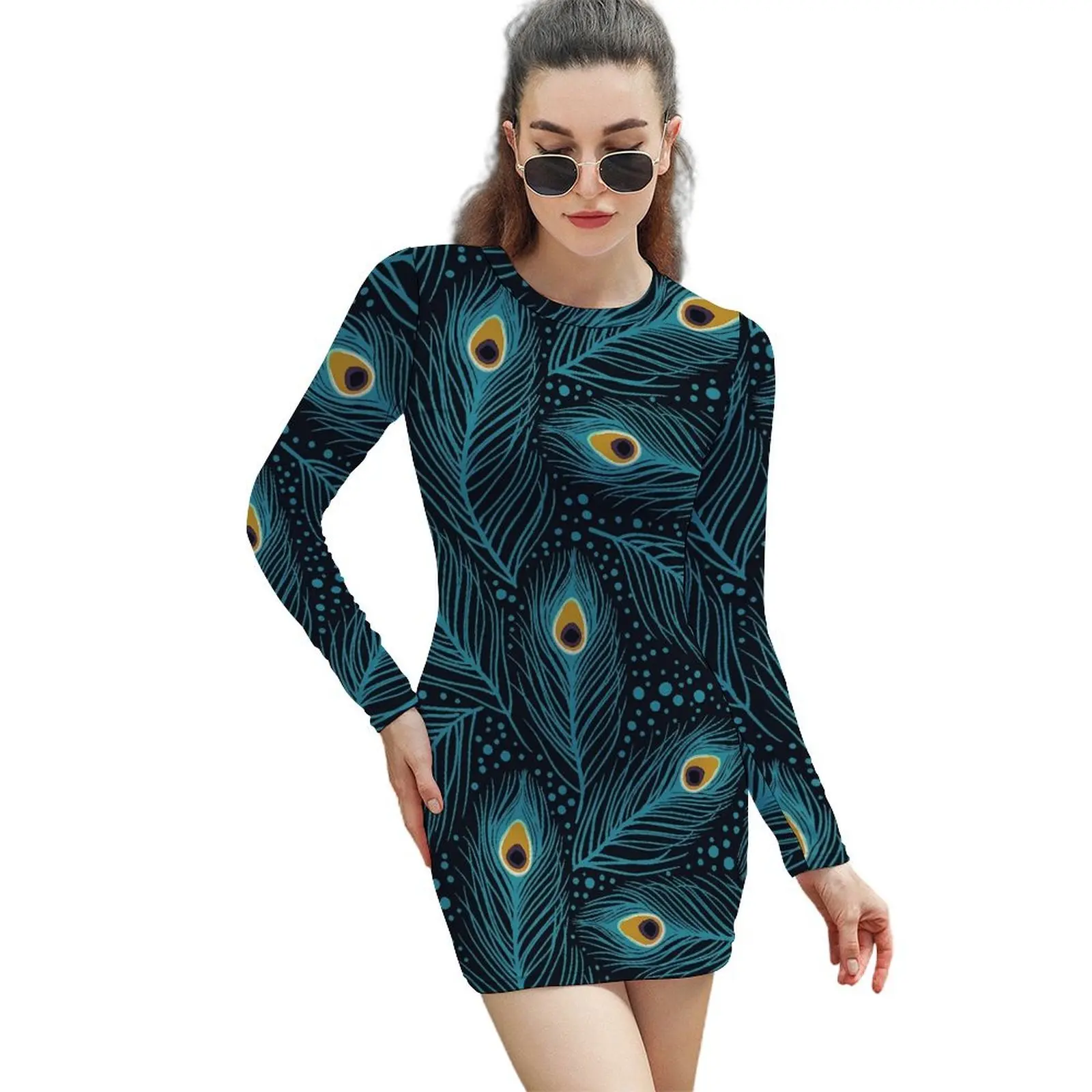 Peacock Feathers Dress Women Animal Feather Street Fashion Bodycon Dress Spring Long Sleeve Dresses Design Oversized Clothing