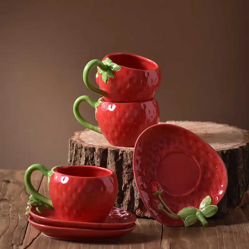 300ml Strawberry Shaped Ceramic Coffee Cup And Plate Set New Hand Drawn Underglaze Creative Red Splicing Green Cup Dish Sets