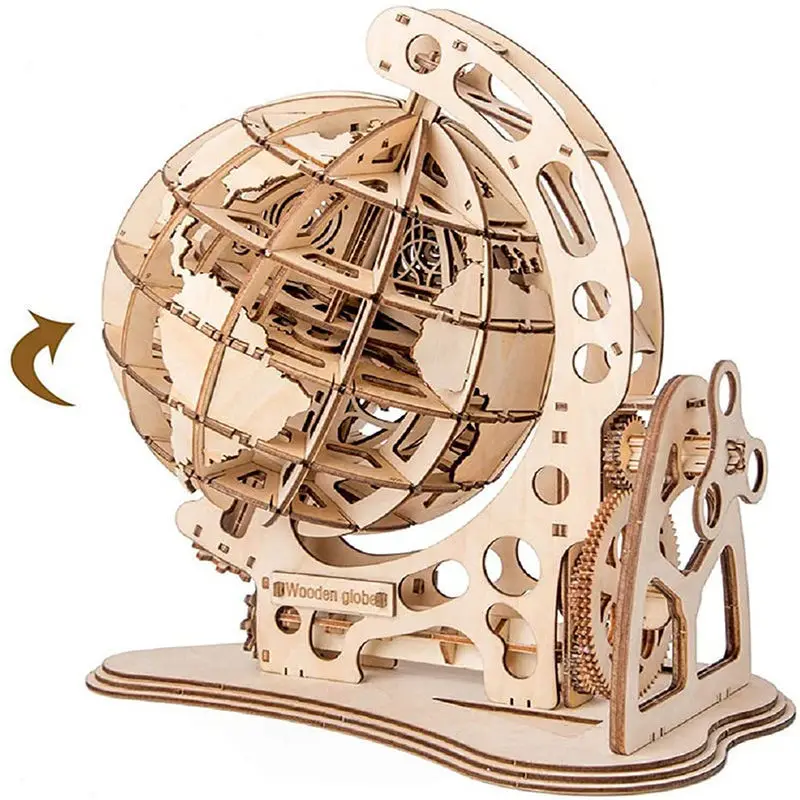 Wooden Globe Puzzle Mechanical Drive Model Transmission Gear Rotate Assembling Puzzles Educational Toys