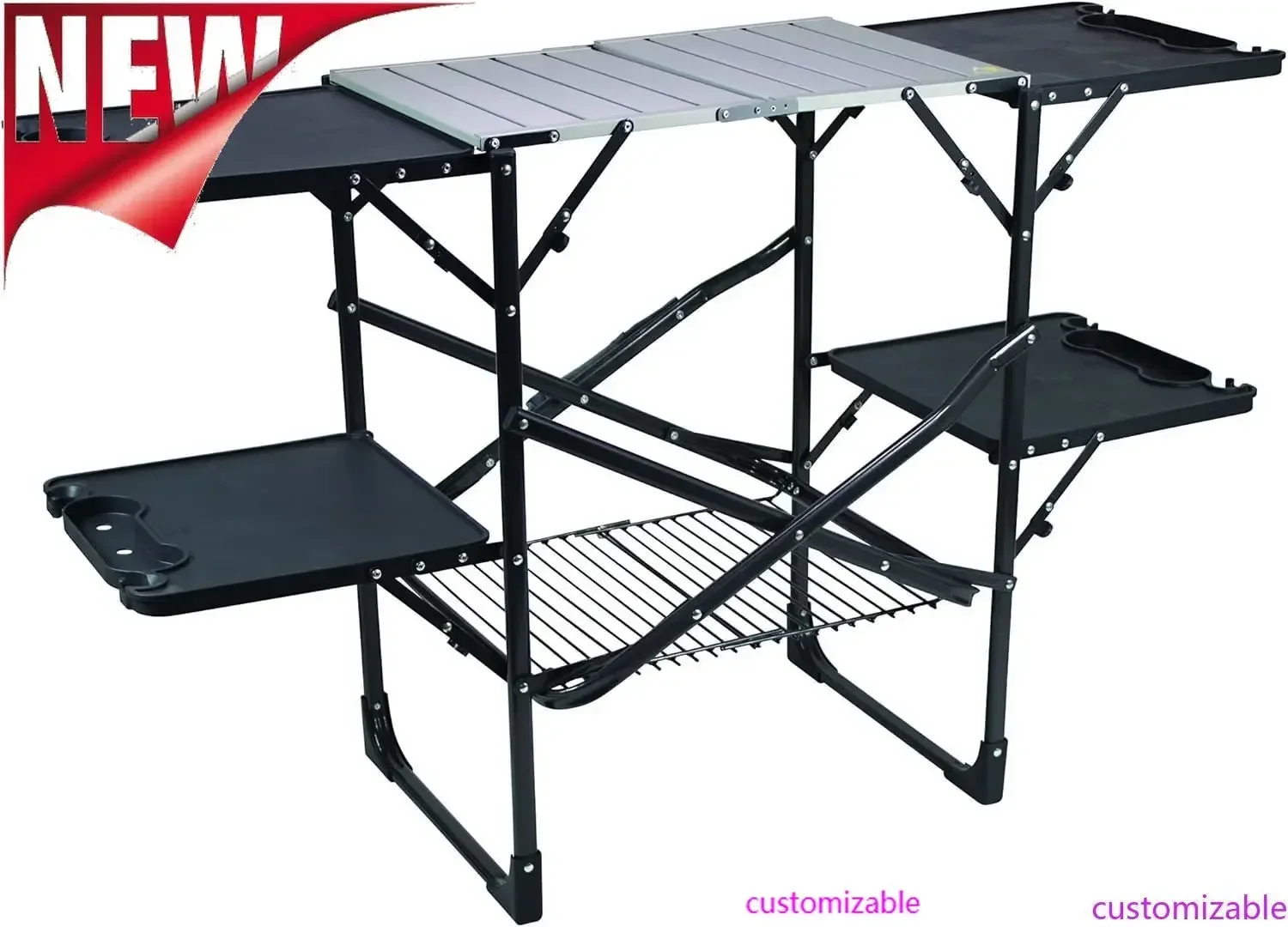 

Customizable-Slim-Fold Cook Station | Portable Folding Kitchen Table With A Heat Resistant Tabletop, 4 Side Tables & Storage Rac