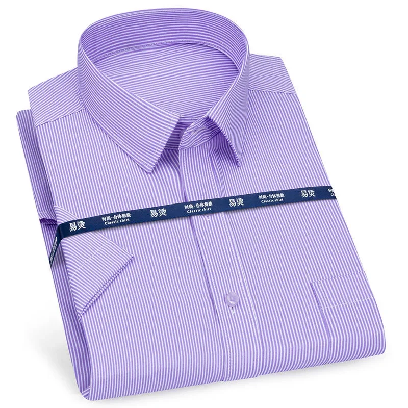 Mens Business Casual Short Sleeve Shirt Classic Plaid Striped Checked Male Social Dress Shirts Purple Blue 5XL Plus Large Size