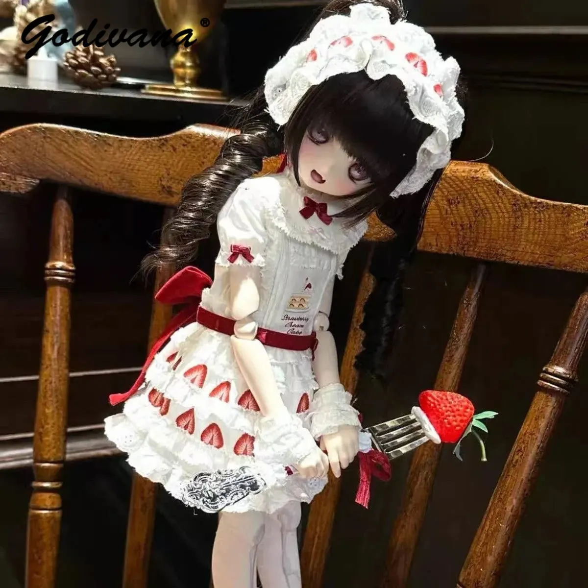 Kawaii Strawberry Print Lolita 1/4 BJD Doll Outfit Cute Tiered Ruffle Puff Sleeves Dress with Lace Headdress and Socks 3pcs Set