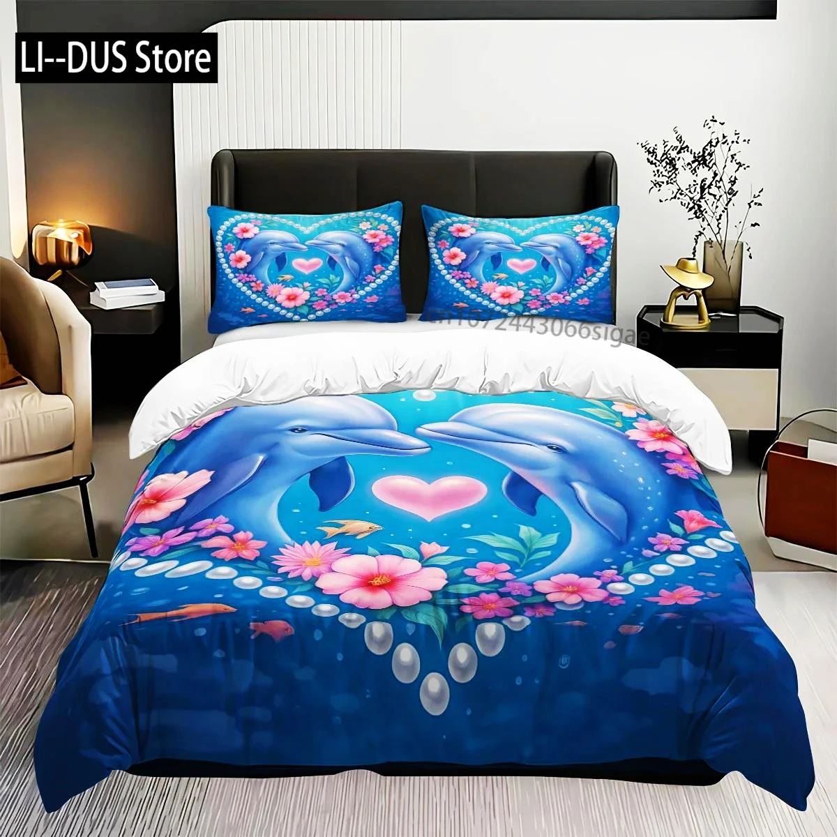 

3pcs Dolphin Couple Pattern Printed Bedding Set, 1*quilt Cover+2*pillowcase, Suitable For Couples And Adults Bedrooms