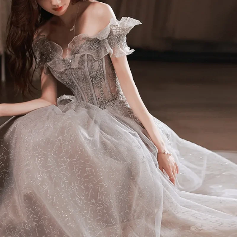 Customized Elegant Gray Flowers Evening Dress Off Shoulder Shiny Sequin Lace A-line Ruched Lace Up Woman Formal Party Prom Gowns