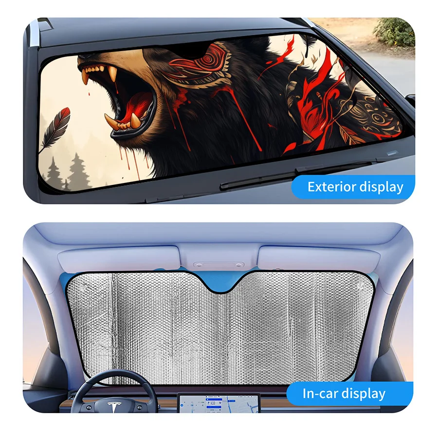 Multi-Functional Foldable Car Sunshade, 3 Sizes, Bear Totem And Feather Design, UV Protection For Front Windshield, Fits SUV Sed