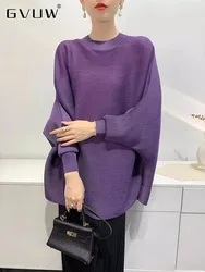 GVUW Pleated T Shirt Women Full Batwing Sleeve Loose Solid Color Stand Collar Versatile Casual Female New 2024 Clothing 17G6648