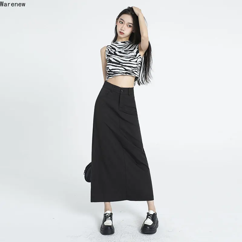 2023 Autumn Office Lady Korea Style Solid Color Soft Mid Long Skirts Women Vintage High Waist Loose Streetwear A-Line Suit Skirt