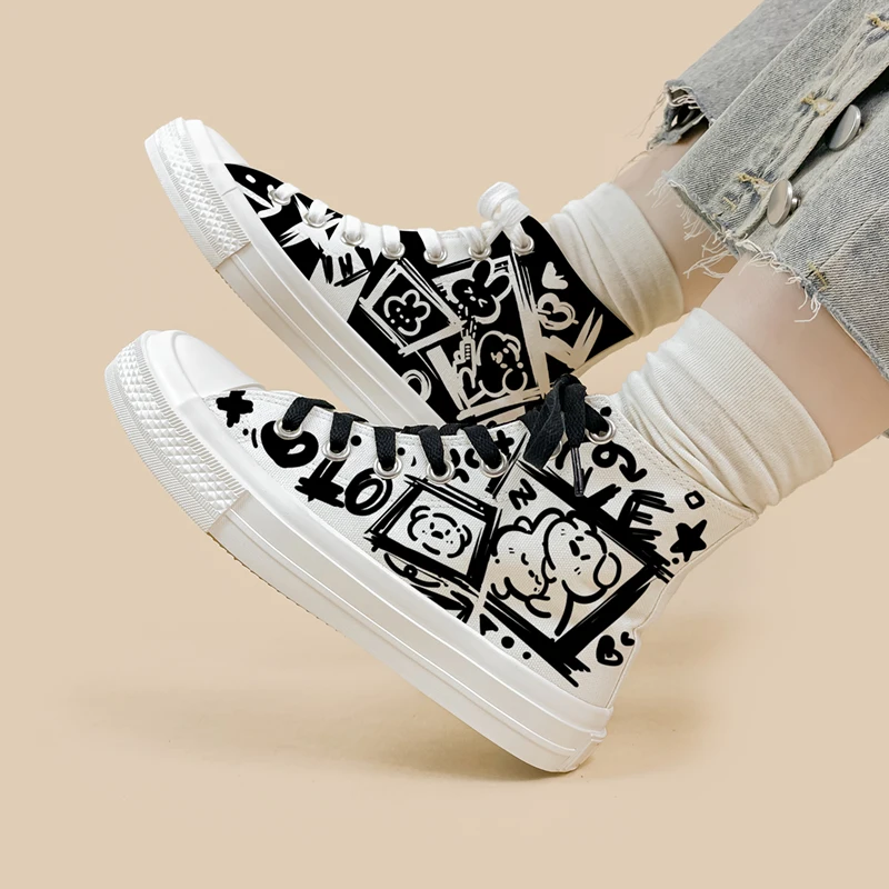 Amy and Michael Cute Teenagers High Top Sneakers Girls Students Flat Casual Graffiti Canvas Shoes Fashion Woman Vulcanize Shoes