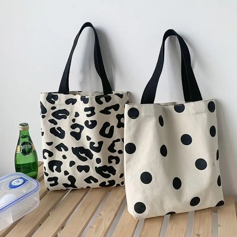 New Canvas Tote Bag Leopard Small Polka Dot Mini Portable Handbag Simple Commute Artistic Daily Decor Bag