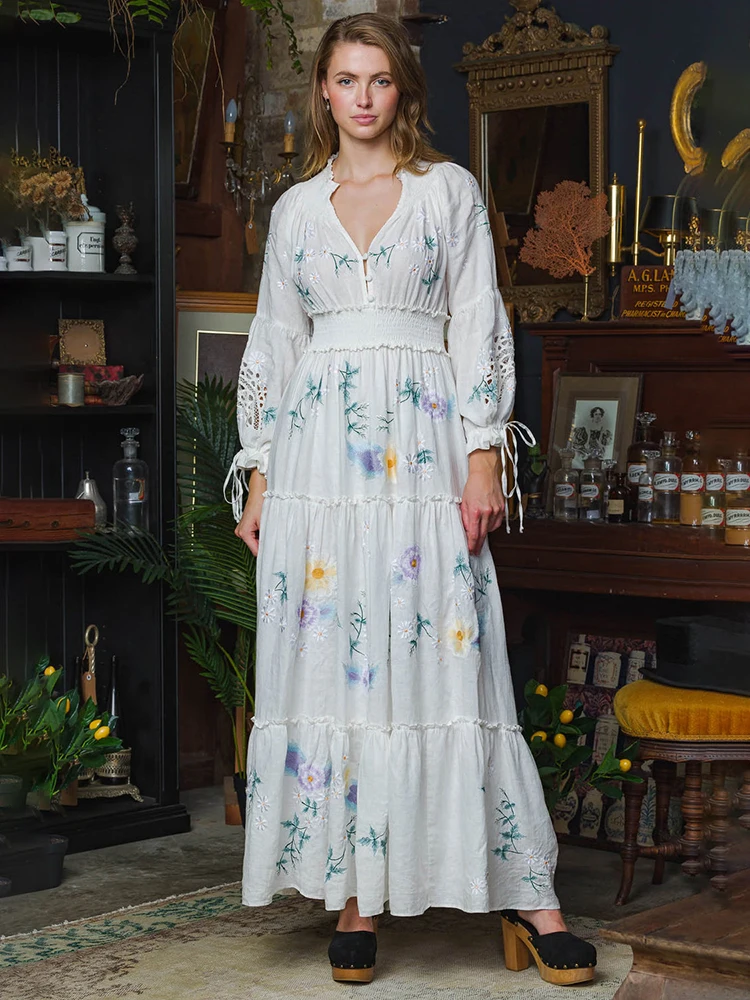 Jastie Floral Embroidery Long Dress Women Bohemian Retro V-neck Long Sleeve Print Dresses Fashion New Elastic Waist A Line Robe