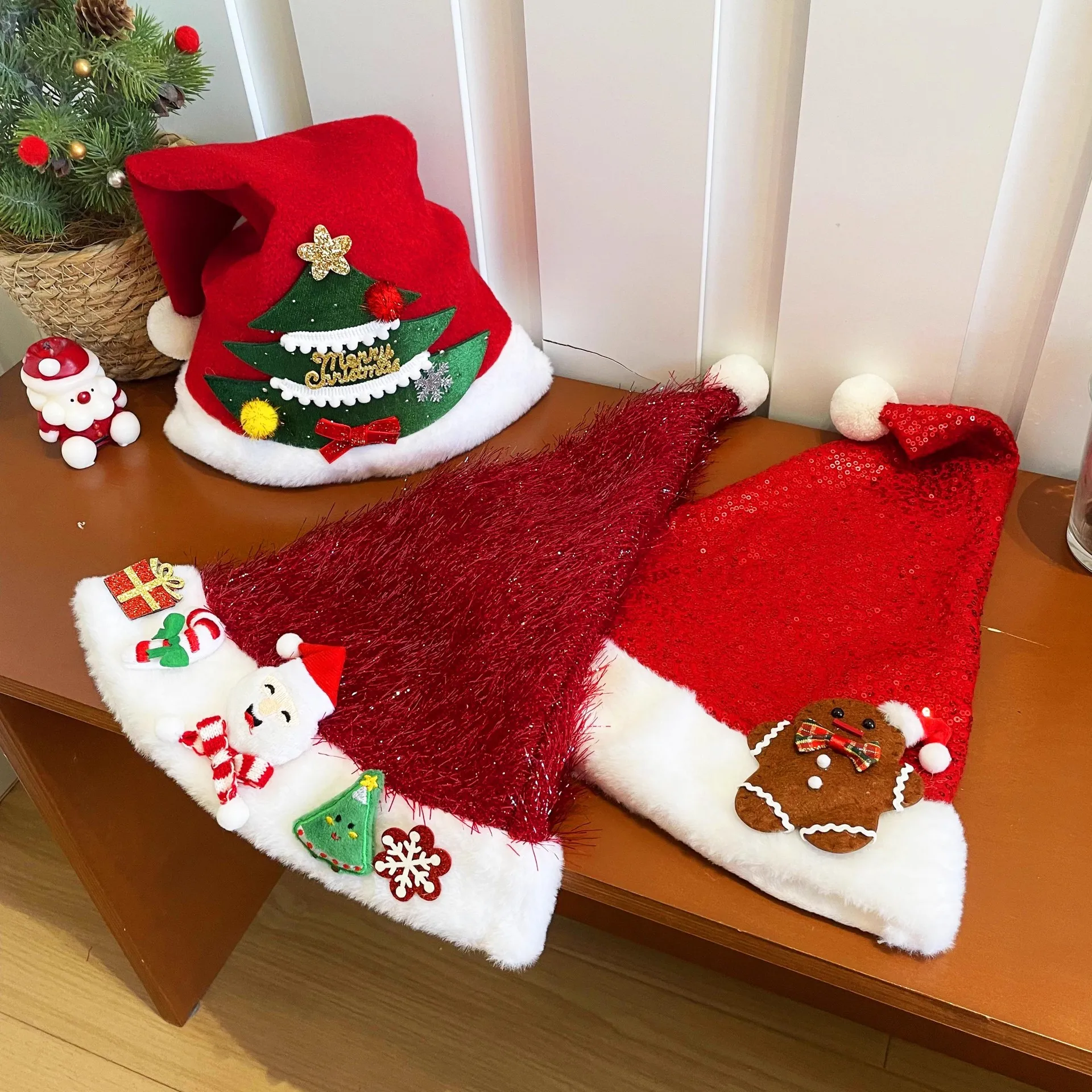 Cute Christmas Bear Bow Hat Plush Christmas Tree Santa Claus Gingerbread Man Christmas Hat Fashion Sweet Headwear Decoration Hat