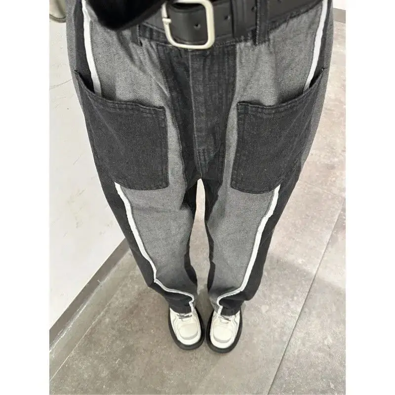 

Vintage Oversize Women Spliced Jeans Streetwear Spring Autumn High Waist Straight Pants Y2k Loose Wide Trousers