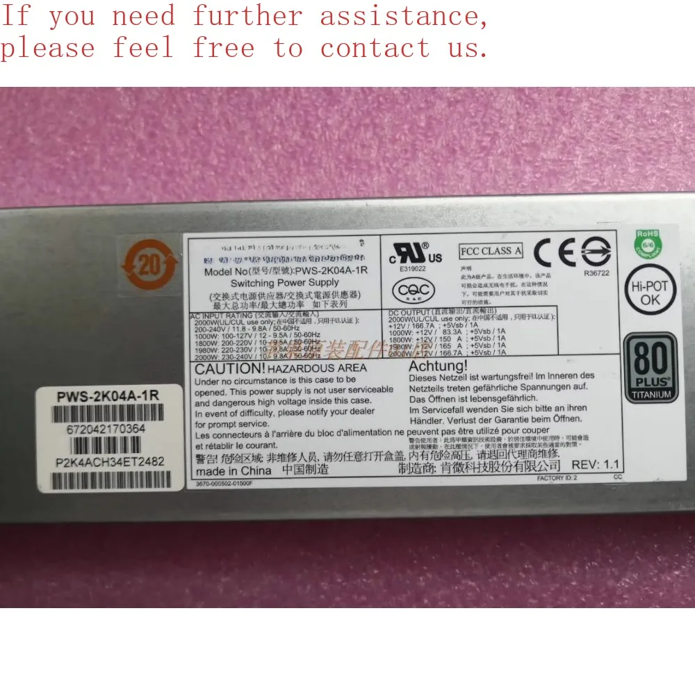 For Supermicro WS-2K04A-1R Server 2000W Hot Swap Power Module PWS-2K02P-1R