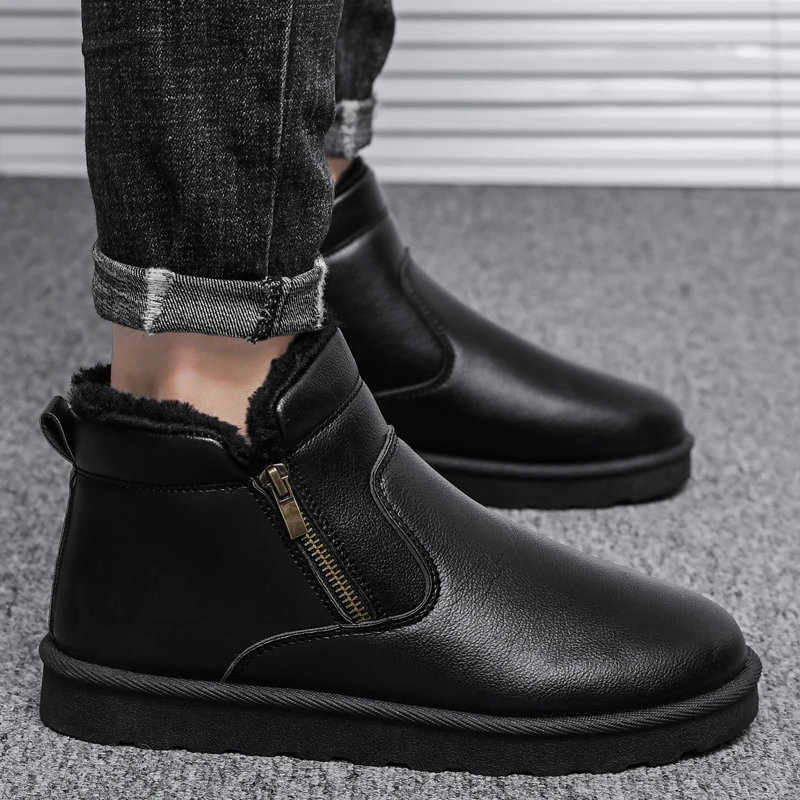 Botas de nieve de invierno para hombre, botas cálidas de felpa con plataforma, suaves, antideslizantes, impermeables para exteriores, zapatos de algodón para hombre, botas cortas de piel esponjosa