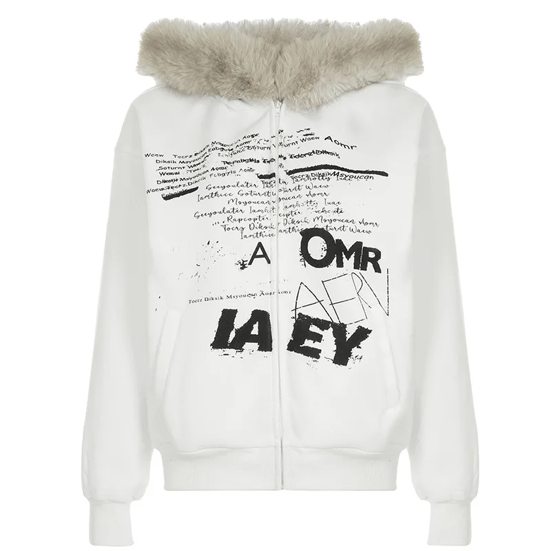 

Autumn Winter Vintage Harajuku Y2k Sweatshirt Women Punk Gothic Lettes Printed Fur Collar Loose Zip Up Hooded Coat Streetwear