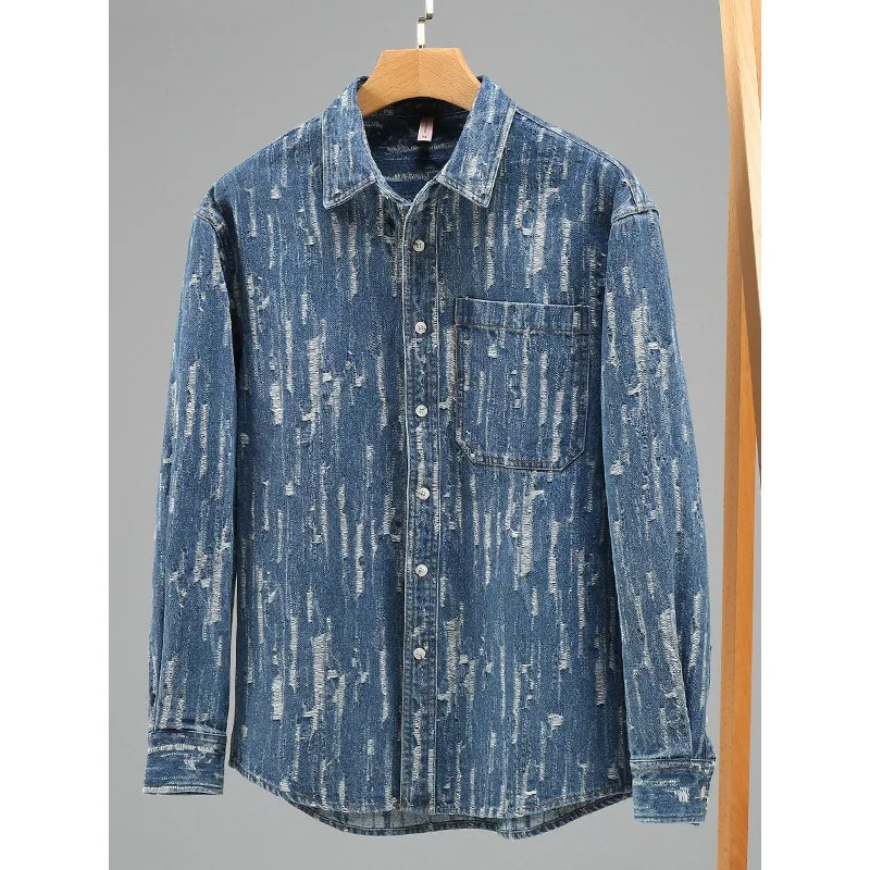 Computer Jacquard Woven Denim Shirts for Men Spring Fall Korean Fashion Versatile Coats 24SS Y2k Youth Male Tops High Quality