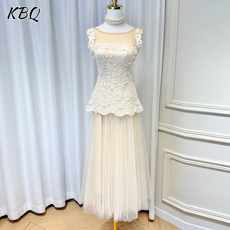 

KBQ Solid Elegant Tunic Embroidery Mesh Dress For Women Round Neck Sleeveless High Waist Folds Long Dress Chicset Female Fashion