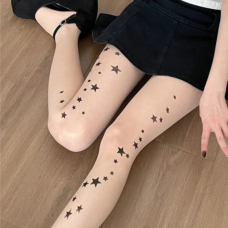 

Women Sheer Tights with Pattern Star Printed Pantyhose Summer Spring Anti-Hook Girls Cute Gemoetric Pantyhose Female Thin Tight