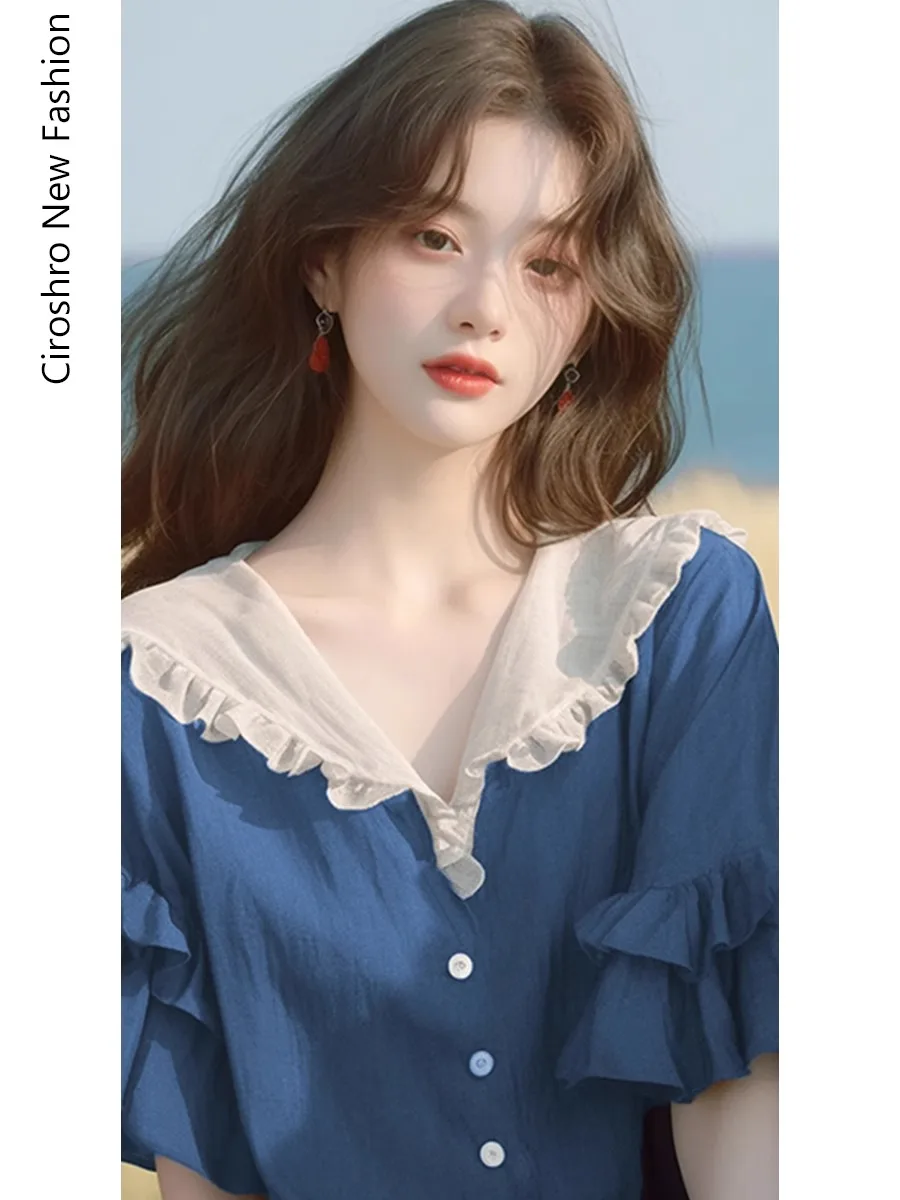 

Summer Short Sleeve Shirt Women's Beautiful Blue Lace Trim Top Korean Style Loose Fit Commute Fashion Ageless Chic Blue Blouse