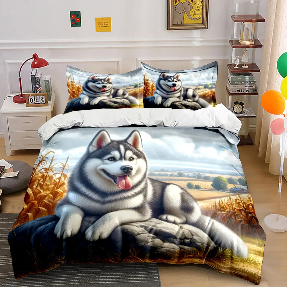 Husky Resting on Rock in Countryside Print Soft Comfortable Duvet Cover Bedding Set Included 1*Duvet Cover 2*Pillowcases