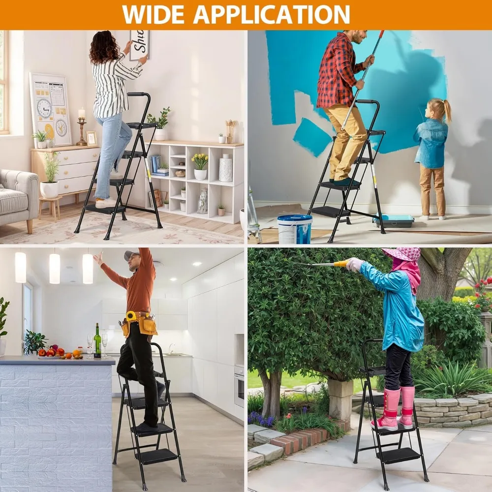 3-step industrial-grade steel ladder with tool tray, compact design, anti-slip feet and durable pp treads