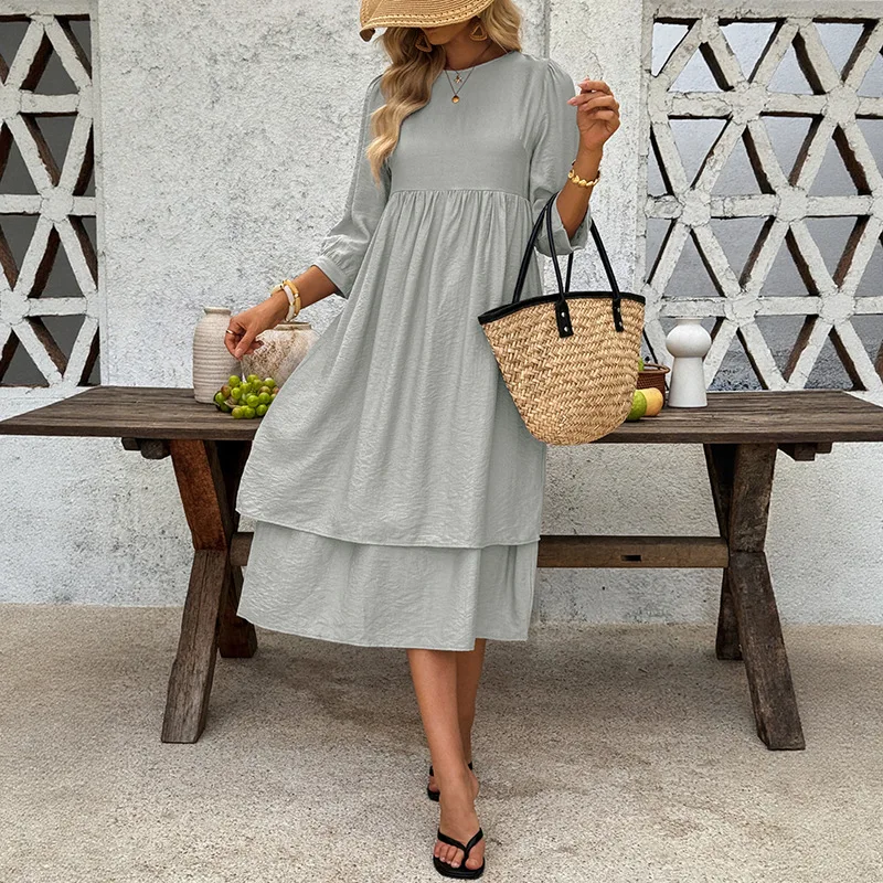 Férias lazer simples vento em torno do pescoço em camadas manga de cinco pontos solto vestido de cor sólida