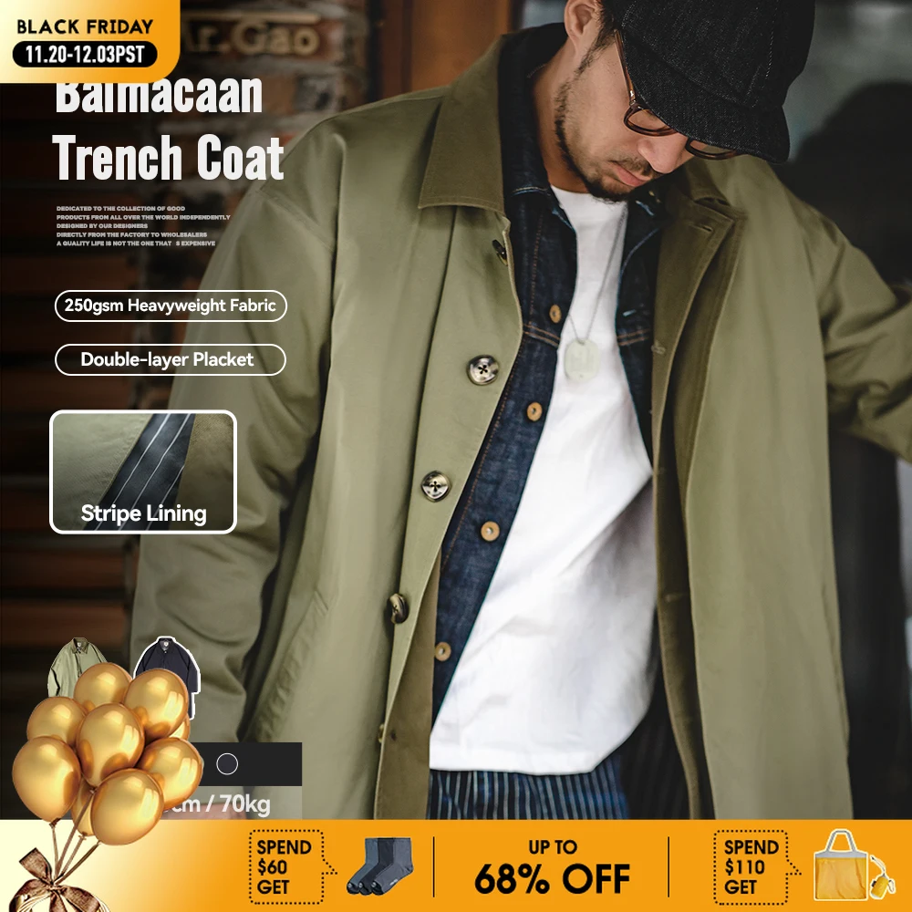 

Maden Casual Balmacaan Trench Coat Loose Fit Green Windbreaker Heavyweight Twill Vintage Long Jackets for Men's Fall and Winter