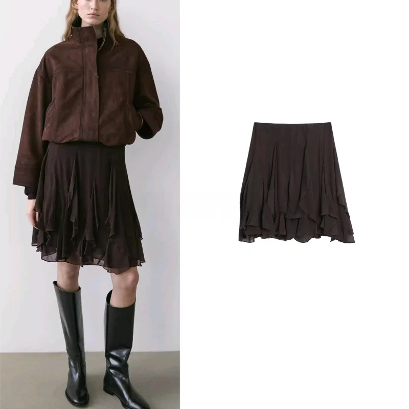 

Spring New Women's Short Asymmetrical Hem Pleated Skirt Draping Wind Style Half-Length Skirts City Commuting High Waist Polye...