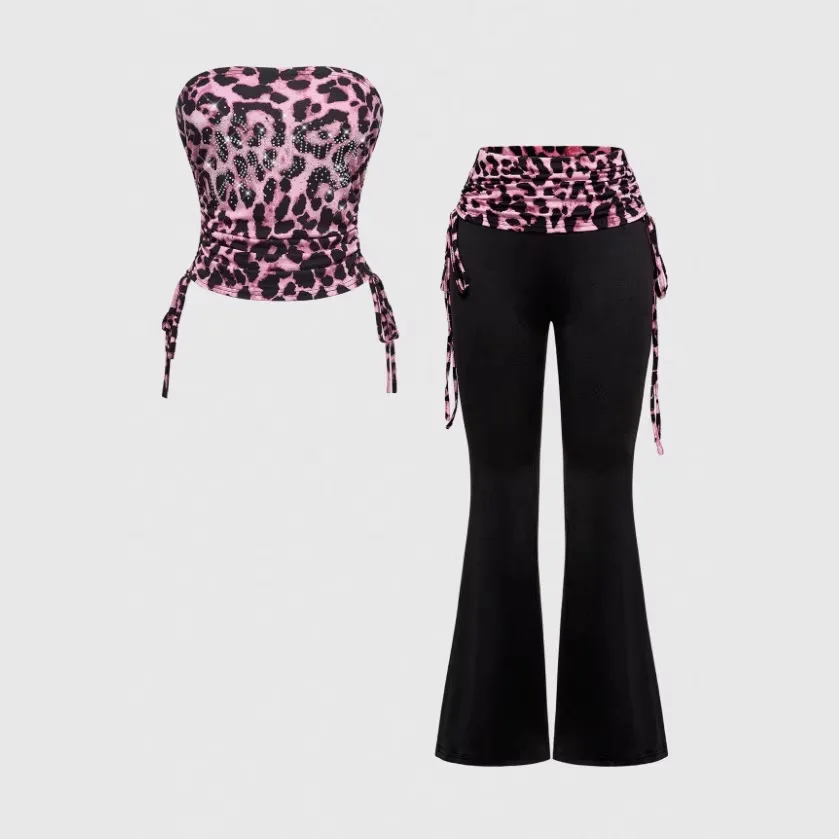 Women's Y2K Leopard Print Waist Flare Pants - High Waist Drawstring Bodycon Bootcut Trousers