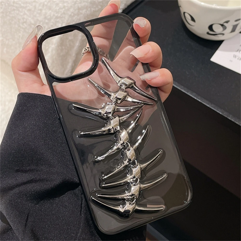 INS 3D Metal Fish Bone Clear Phone Case For iPhone 16 15 13 14 12 11 Pro Max Plus Punk Chic Camera Protection Soft Silicon Cover