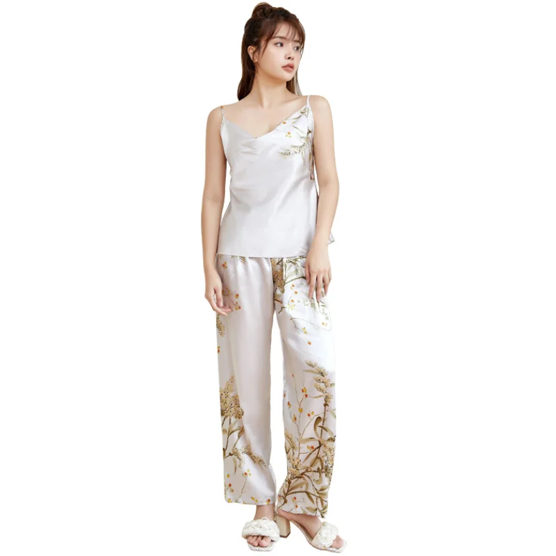 Simple Printed Pajamas Halter Top Trouser Two-piece Set Summer Thin Home Wear Imitation Silk Leisure Nightgown Women's Clothing