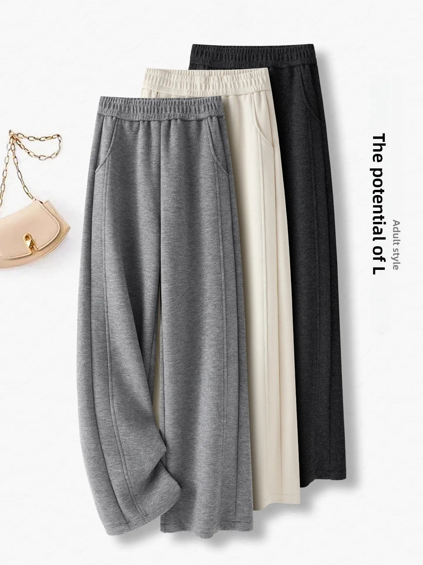 

Casual Woolen Straight Leg Pants Women's Autumn Winter Loose Wide Leg Pants Comfortable High Waist Elastic Waistband