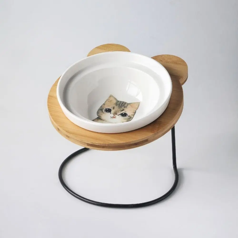 

With Wooden Stand Ceramic Cats Bowl Anti Vomiting Anti Slip Elevated Pet Feeder Single Bowl Protects Cervical Spine