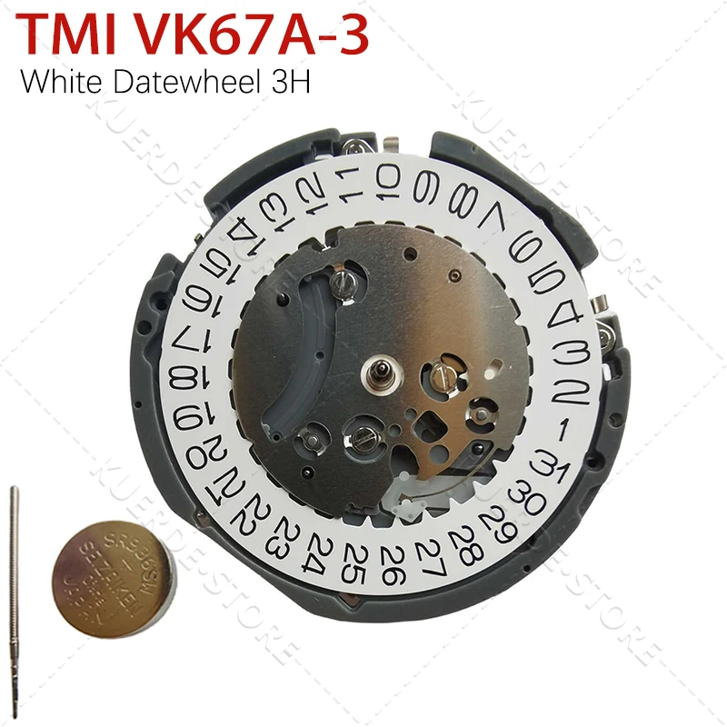 Movimento VK67 Movimento TMI VK67 6 Ponteiros Tamanho: 13 1⁄2′′′ Altura: 5,10 mm Crono (centro 1/5 seg, min, hr) Segundo Pequeno, Data às 3h