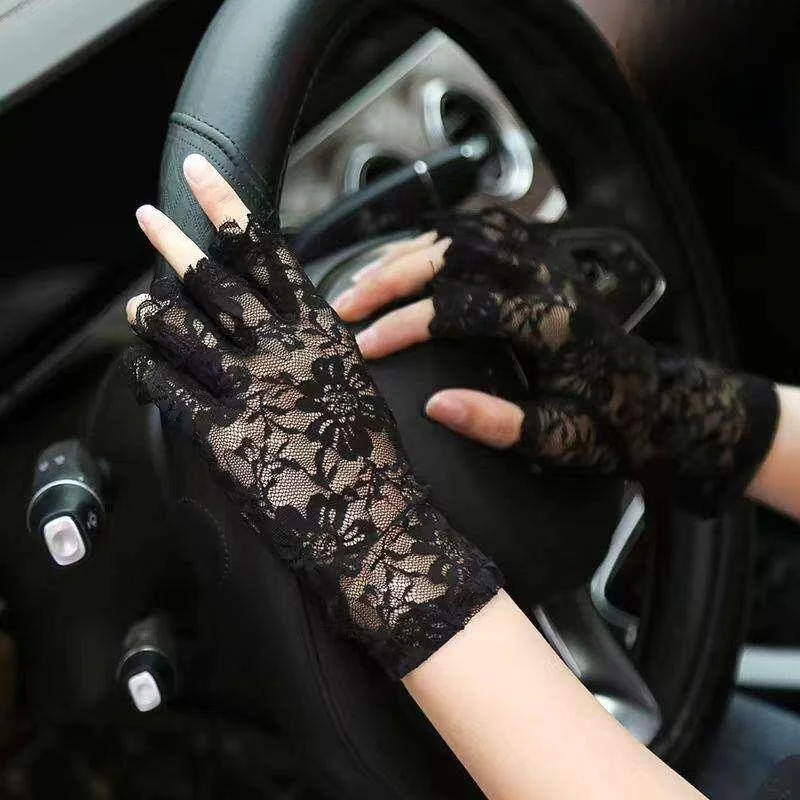 semi-finger-lace-trim-sunscreen-gloves-women's-summer-sexy-mesh-finger-anti-slip-driving-thin-black-color-spring-autumn