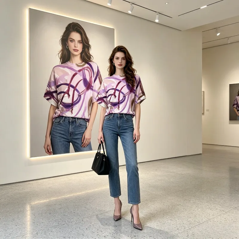 

Плиссированная футболка Miyake с коротким рукавом, летняя коллекция 2026, новый дизайн, нишевый принт, повседневная, свободная, модная, для женщин