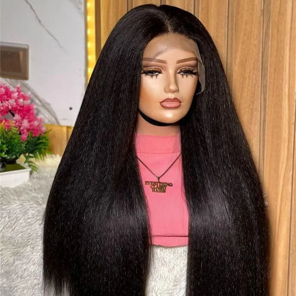 

Kinky Straight Lace Front Wig Long 26Inch 180%Density Natural Black Yaki For Women With Baby Hair Glueless Synthetic Preplucked