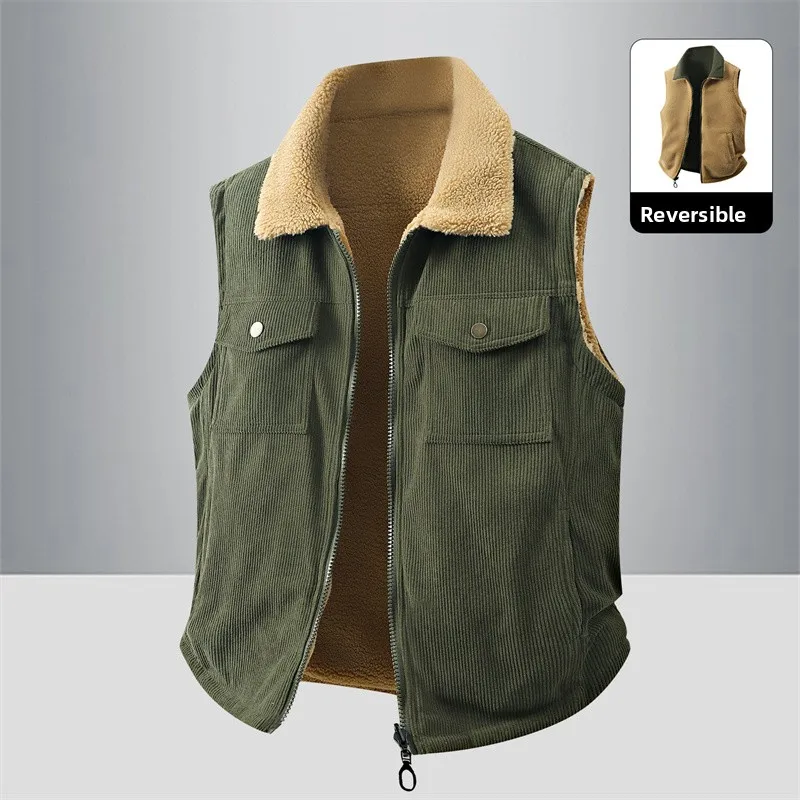 Men Double‑sided Wear Fleece Lined Vest Lapel Collar Zipper‑up Sleeveless Waistcoat Multi‑pocket Outdoor Warm Casual Jacket