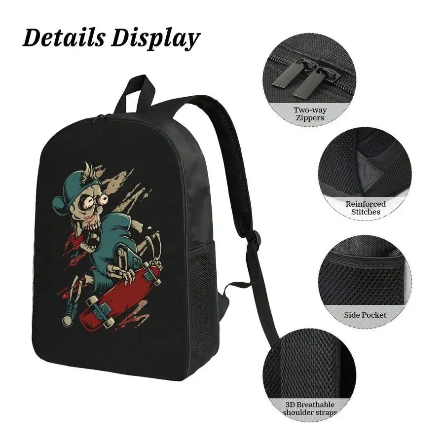 Mens Skateboard Skeleton Print Backpack Large Capacity Waterproof Casual Computer Backpack