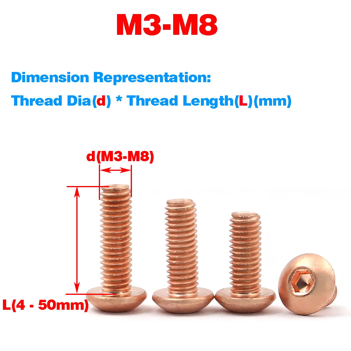 Pure Copper Inner Hexagon Socket Screw M3-M8 Red Copper Half Round Head Cap Head Locking Fastening Bolt