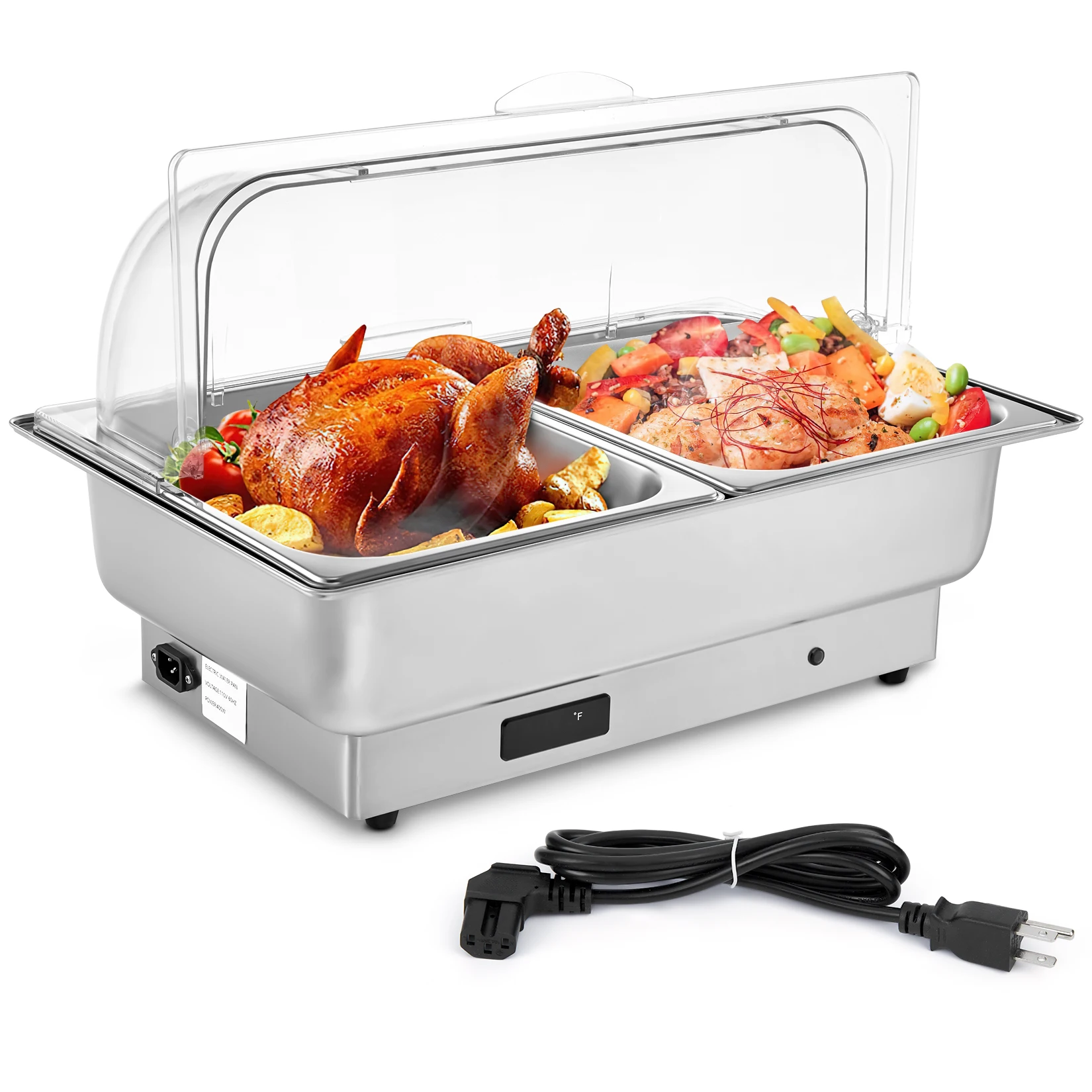 

9 QT Chafing Dish Buffet Set, Full Size and 2 Removable Food Plates, Stainless Steel Roll Top Catering Chafer Server Food Warmer