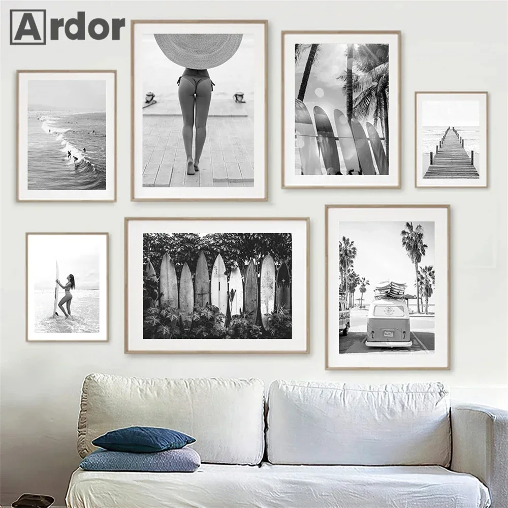 Black And White Print Surf Canvas Painting Sea Beach Nordic Posters Coastal Girl Surfboard Wall Art Picture Living Room Decor
