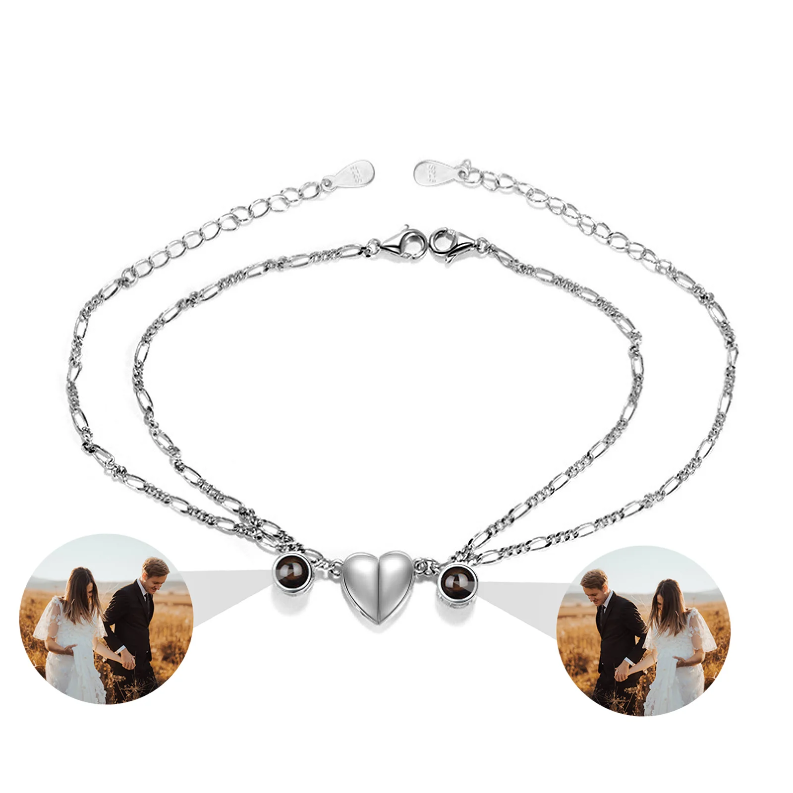 

925 Sliver Heart Magnetic Bracelet for Couple Personalized Photo Projection Bracelets Women Custom Picture Chain Bracelet