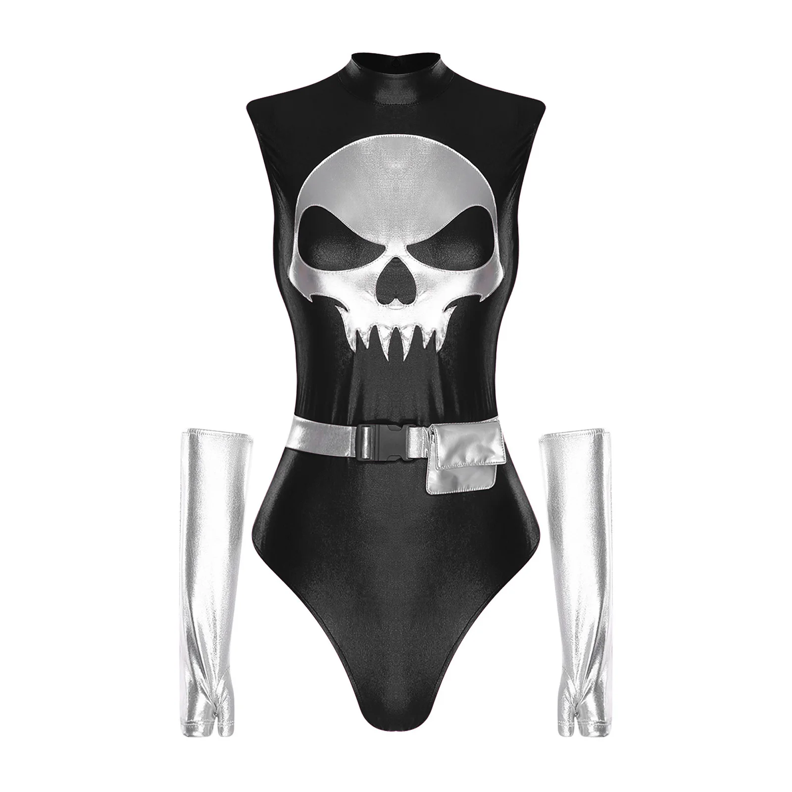 

Women Metallic Skull Bodysuit Halloween Dress-up Costume with Belt Gloves Mock Neck Sleeveless Hollow-out Leotard 3-piece Set