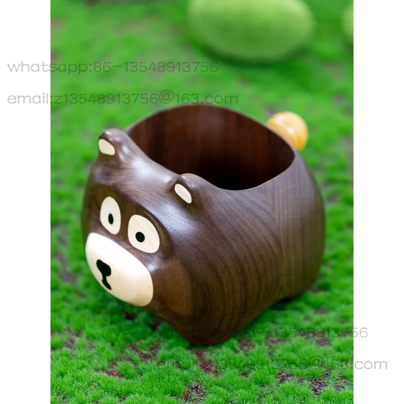 Black walnut bear pen holder, cute solid wood desktop ornament, makeup brush storage bucket, gifts.
