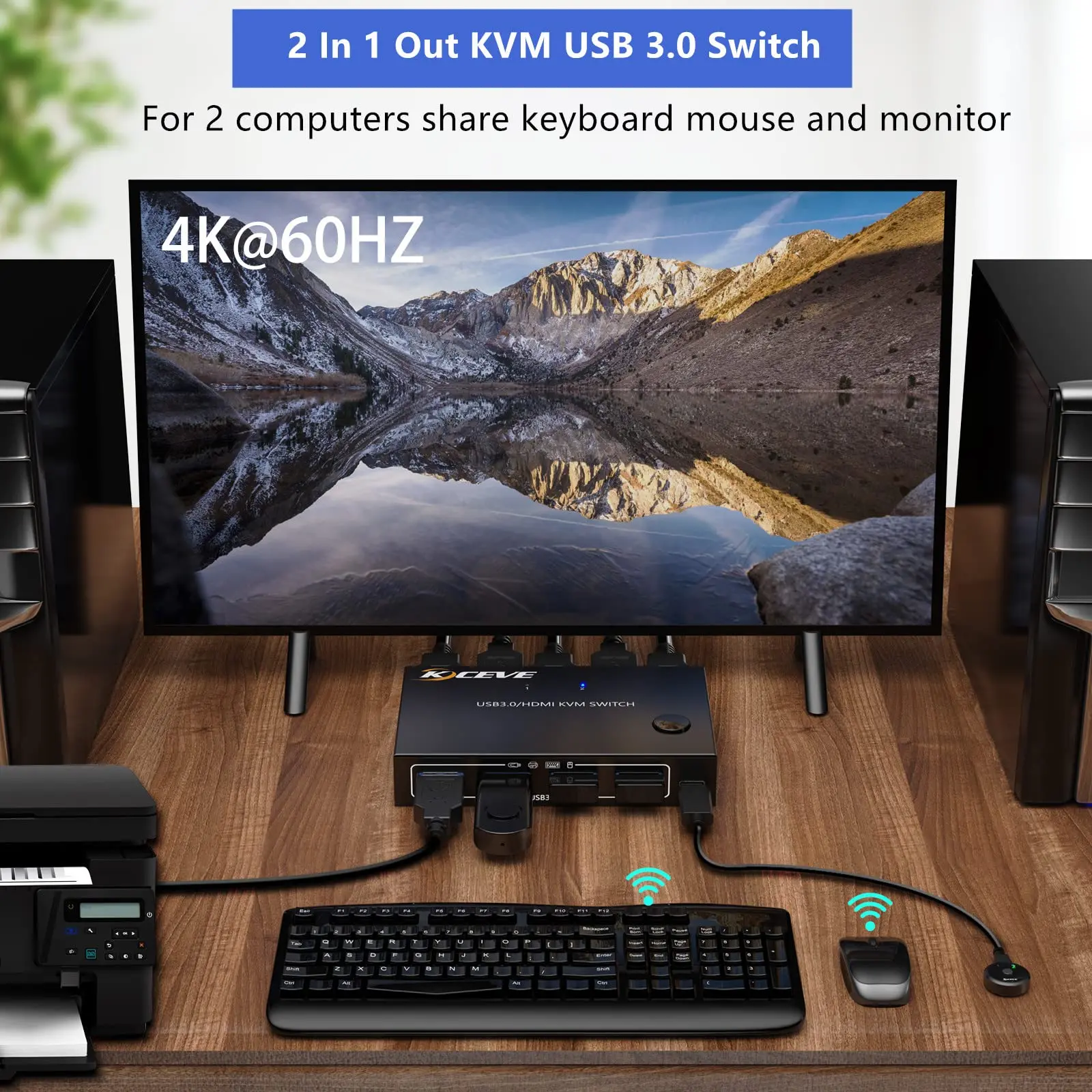 USB 3.0 KVM Switcher Box com Função EDID Emulador, Suporta Resolução 4K @ 60Hz para 2 Computadores