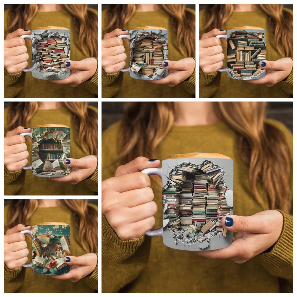 August new 3D bookstore, tree hole ceramic mug, office coffee water cup