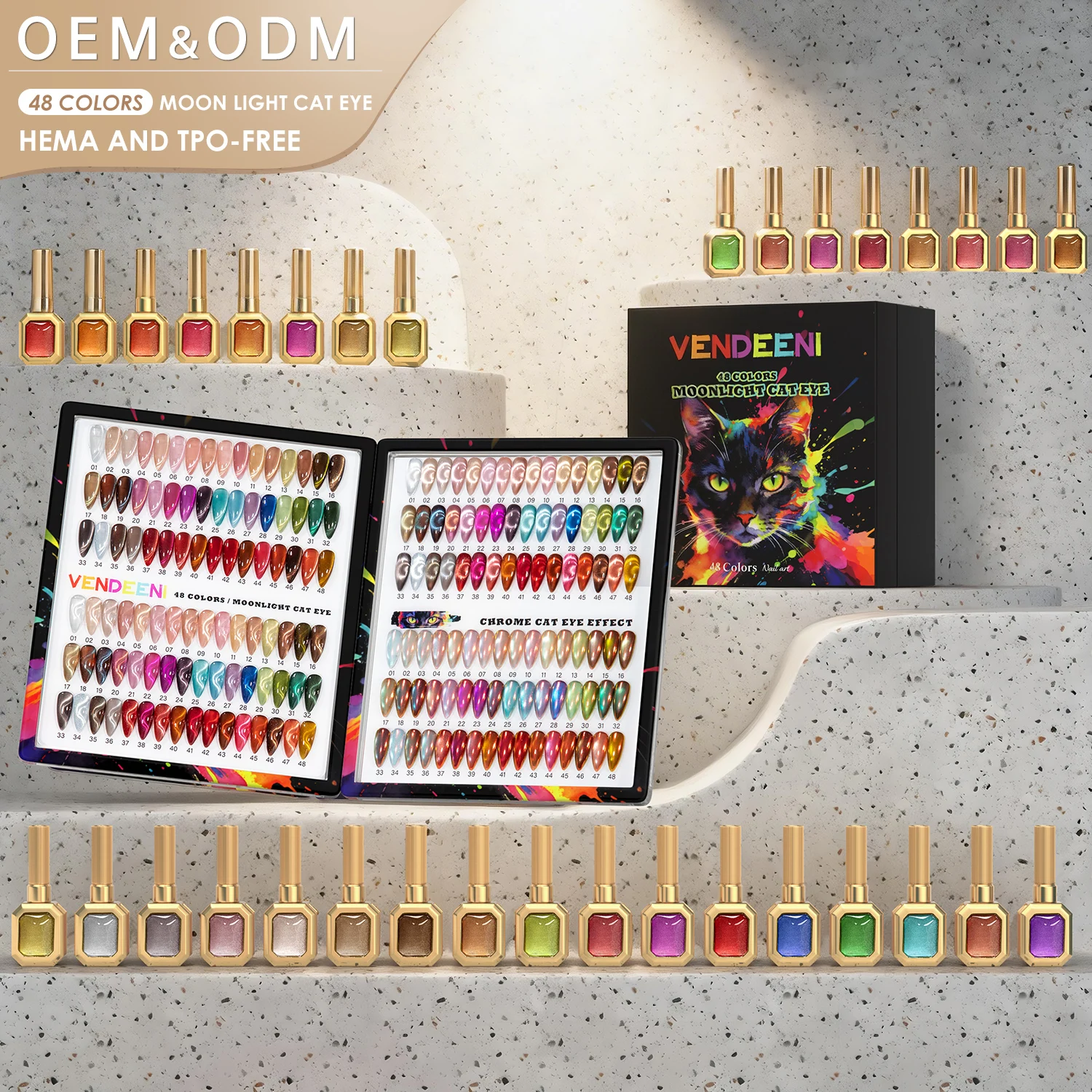 Vendeeni Hot Supplier 48 couleurs Moon Light Cat Eye Gel Polish Set Box TPO HEMA Free OEM Custom Magnetic Cat Eye Gel Nail Polish